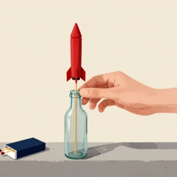 A hand checking an unlit firework rocket standing in a bottle on a garden wall, the matches still closed.