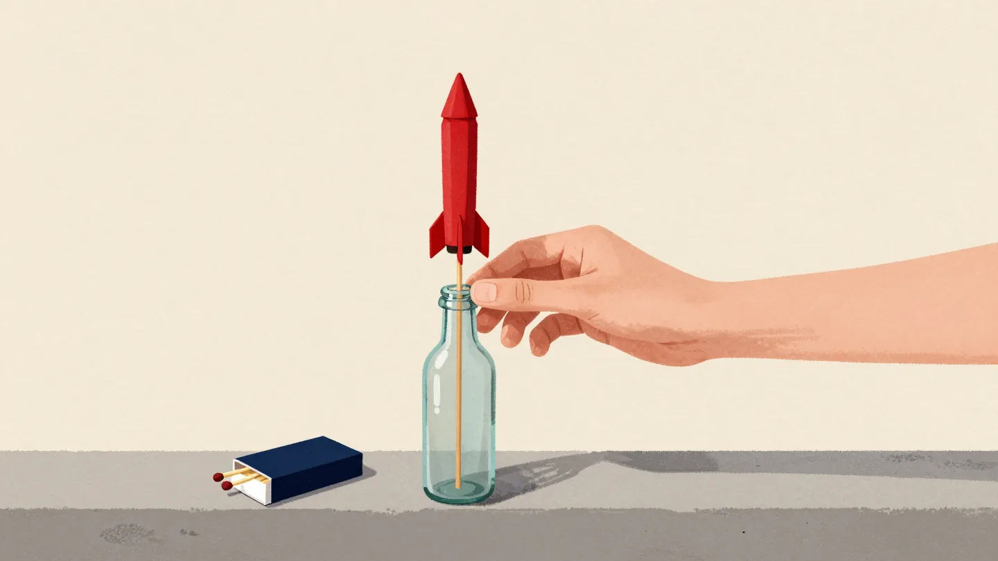 A hand checking an unlit firework rocket standing in a bottle on a garden wall, the matches still closed.