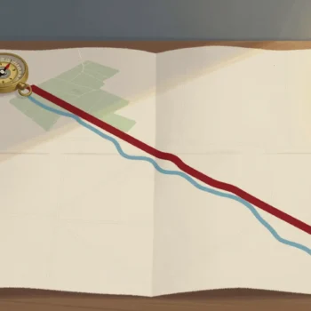 A plain map spread on a wooden table with a red ribbon marking a new detour route, a brass compass beside it.