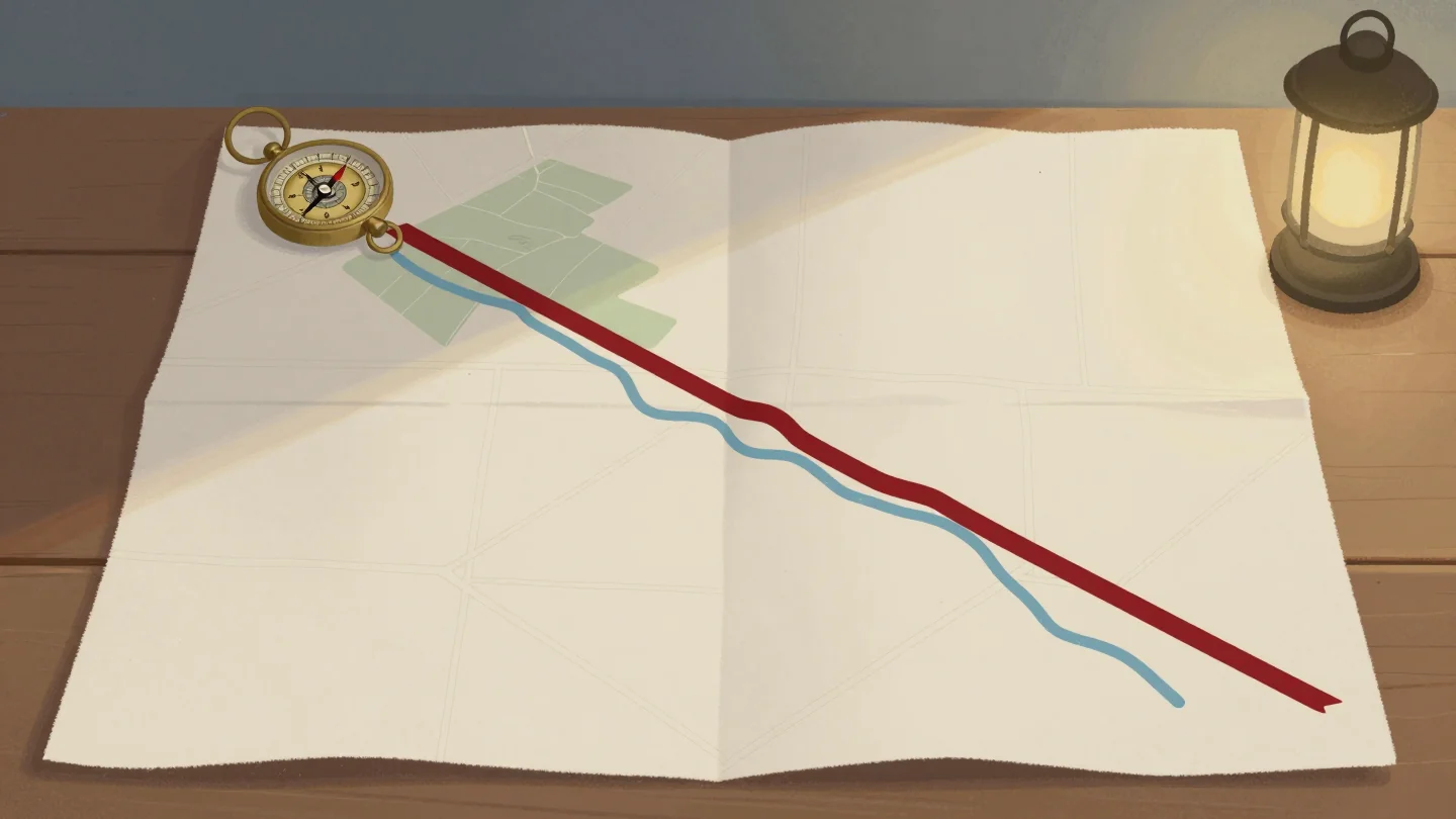 A plain map spread on a wooden table with a red ribbon marking a new detour route, a brass compass beside it.