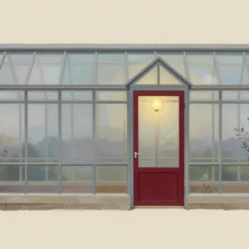 A long glass greenhouse divided into sections, with only its red-framed middle door lit from inside.