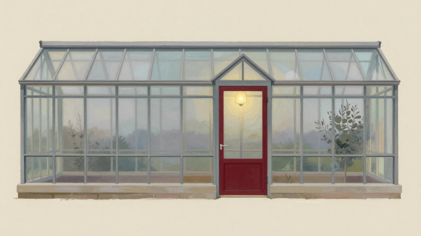 A long glass greenhouse divided into sections, with only its red-framed middle door lit from inside.