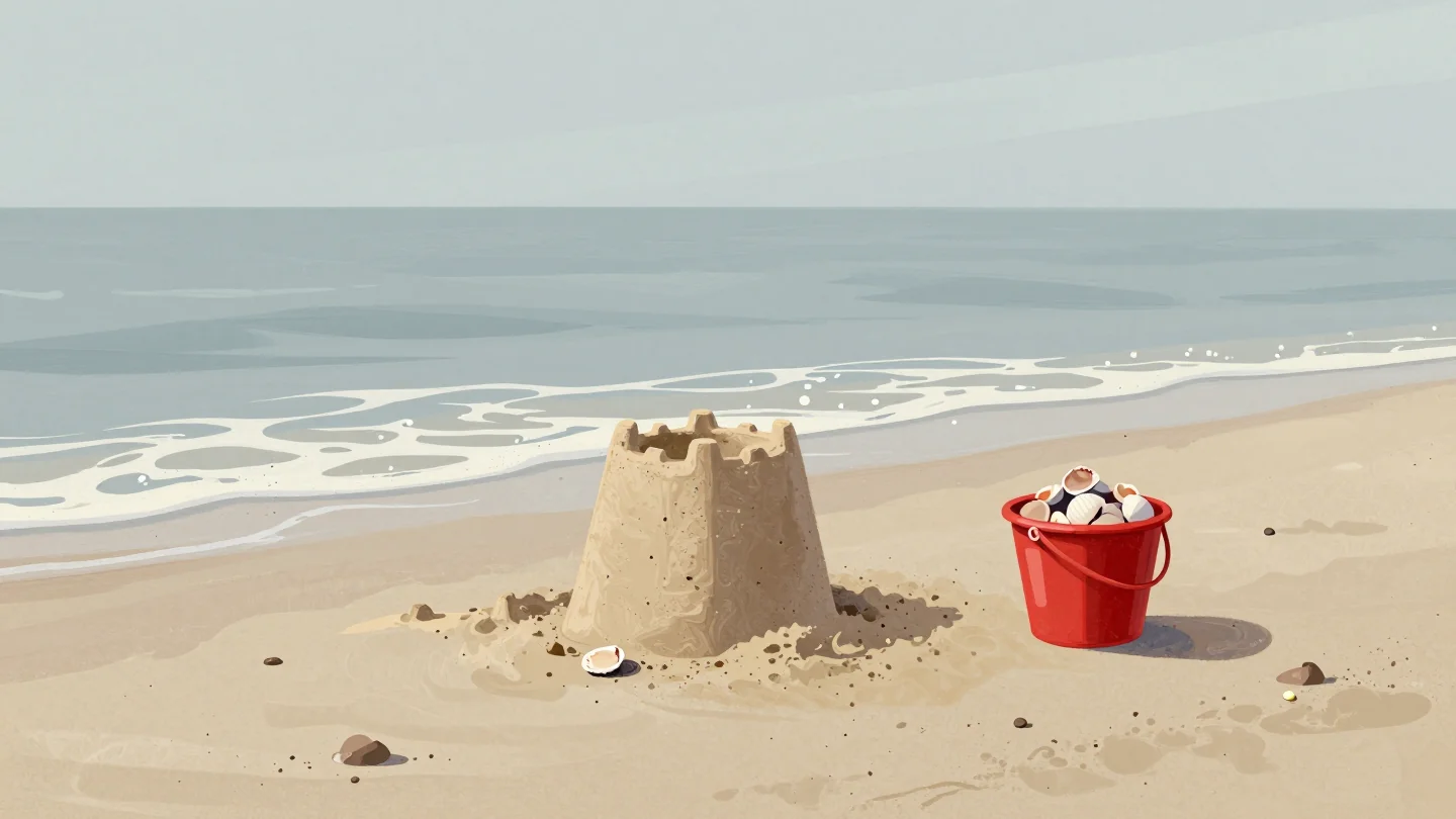 A sandcastle on a beach half washed away by the sea, and beside it a red bucket of shells that stayed dry.
