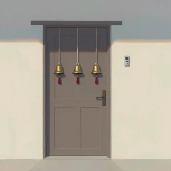 A wooden door with three brass bells hanging on cords, each with a small red tassel.