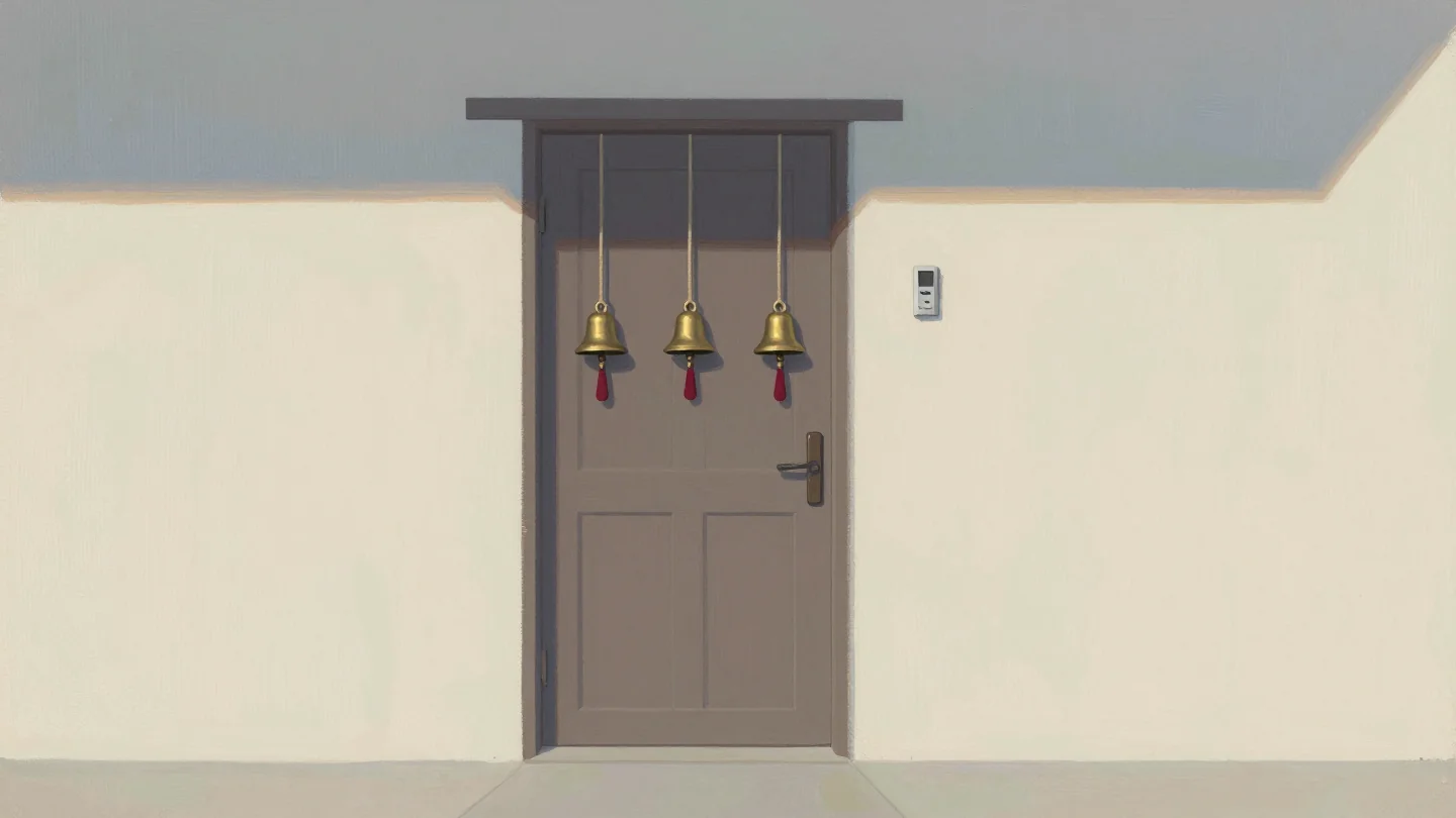 A wooden door with three brass bells hanging on cords, each with a small red tassel.