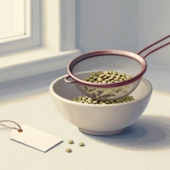 A kitchen sieve with a red rim over a bowl of green lentils, a blank paper tag lying loose beside it.
