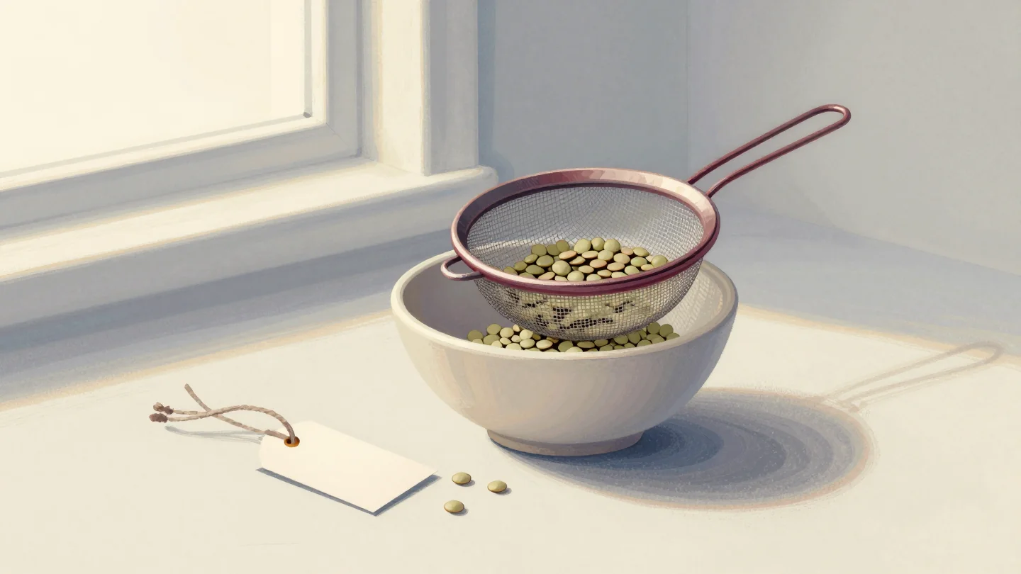 A kitchen sieve with a red rim over a bowl of green lentils, a blank paper tag lying loose beside it.