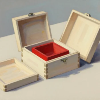 A set of nested wooden boxes opened on a table, the smallest innermost box painted red.