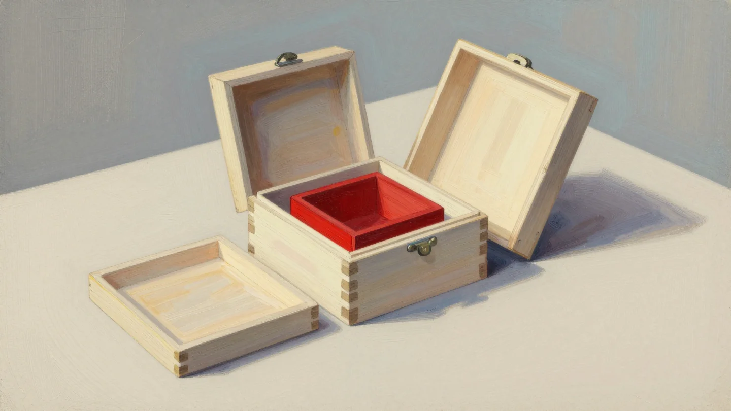A set of nested wooden boxes opened on a table, the smallest innermost box painted red.