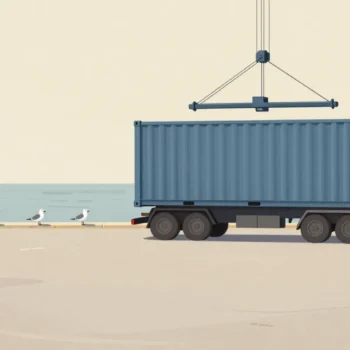A harbor crane lowering a blue shipping container onto a truck trailer, its corners lined up with the locks