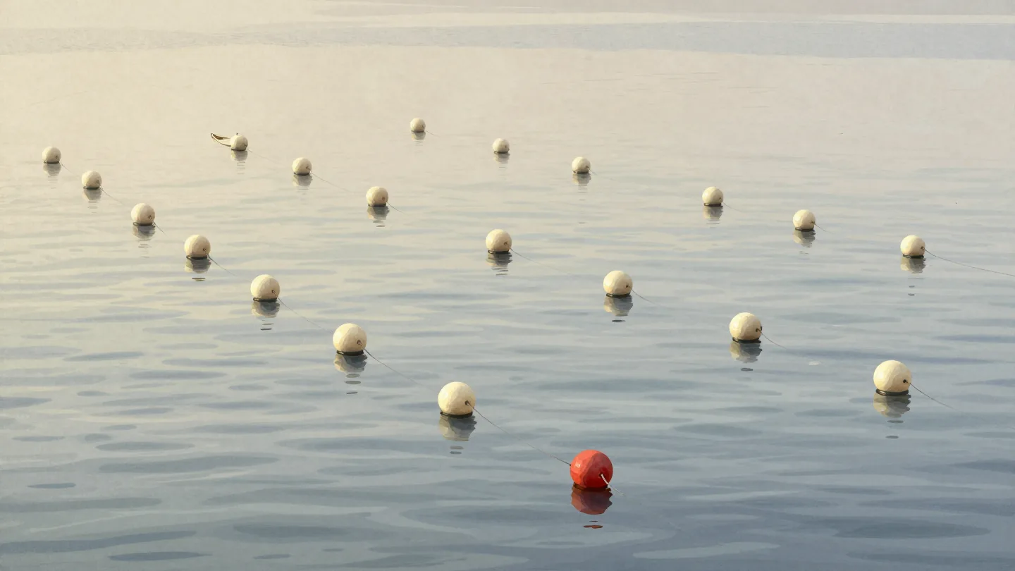 A harbor seen from above with a grid of mooring buoys, small boats tied to most of them and a few buoys floating empty.