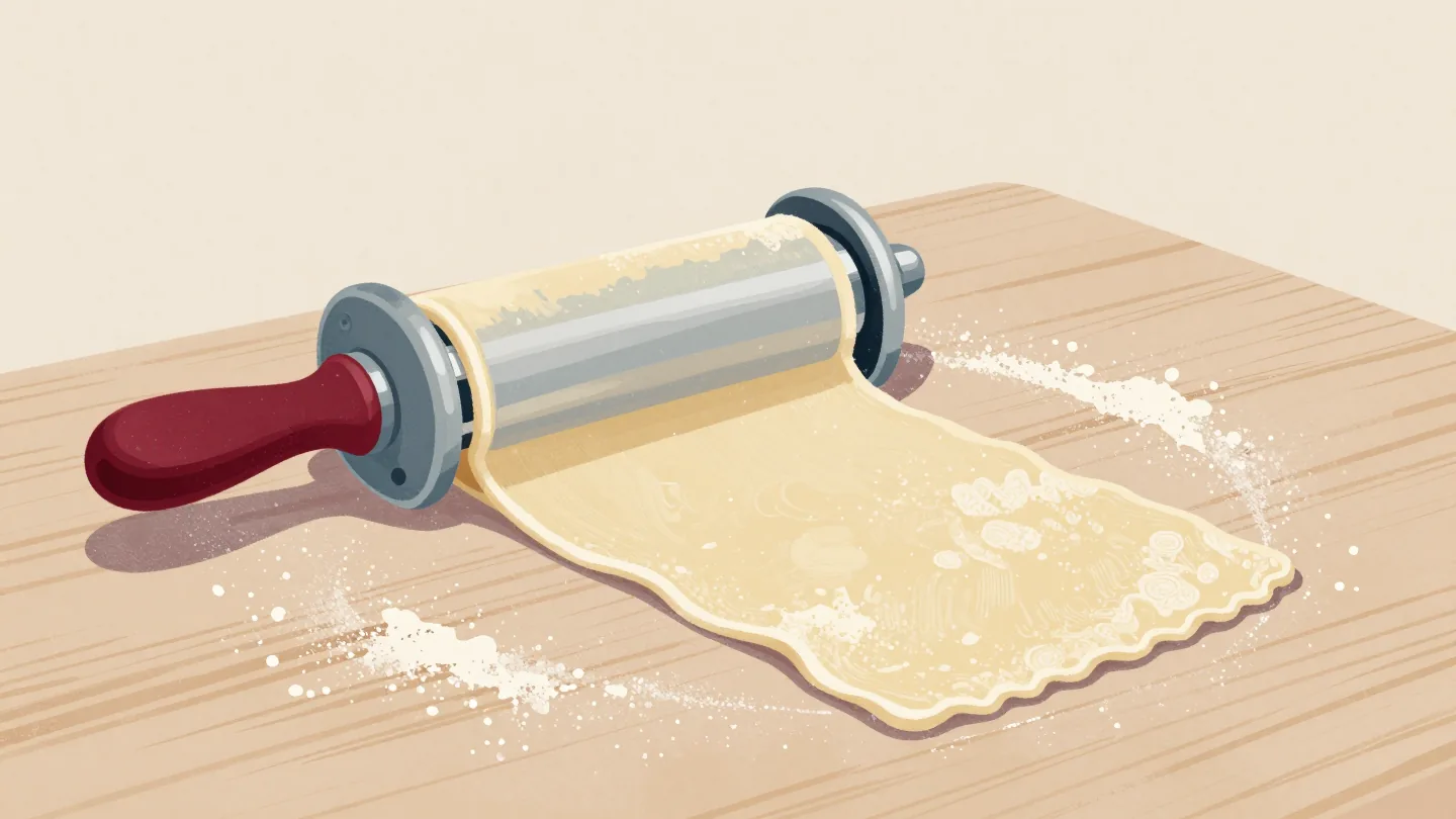 A pasta cutter slicing a sheet of dough into ribbons of equal width, ragged edge trimmings piled aside.