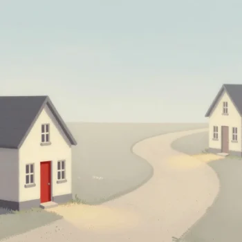 A winding garden path with two small houses along it, the nearer older house with a red front door.