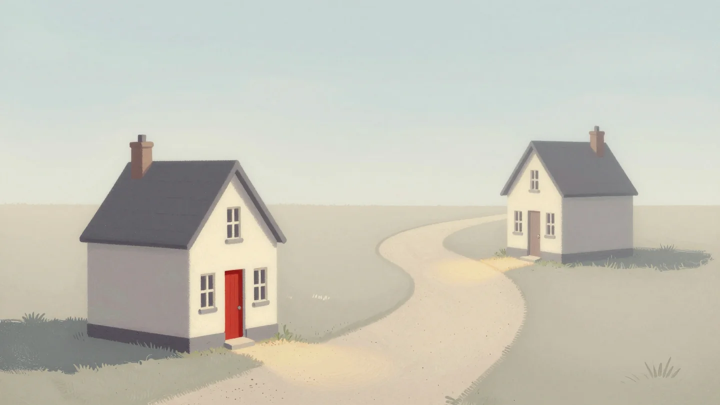 A winding garden path with two small houses along it, the nearer older house with a red front door.