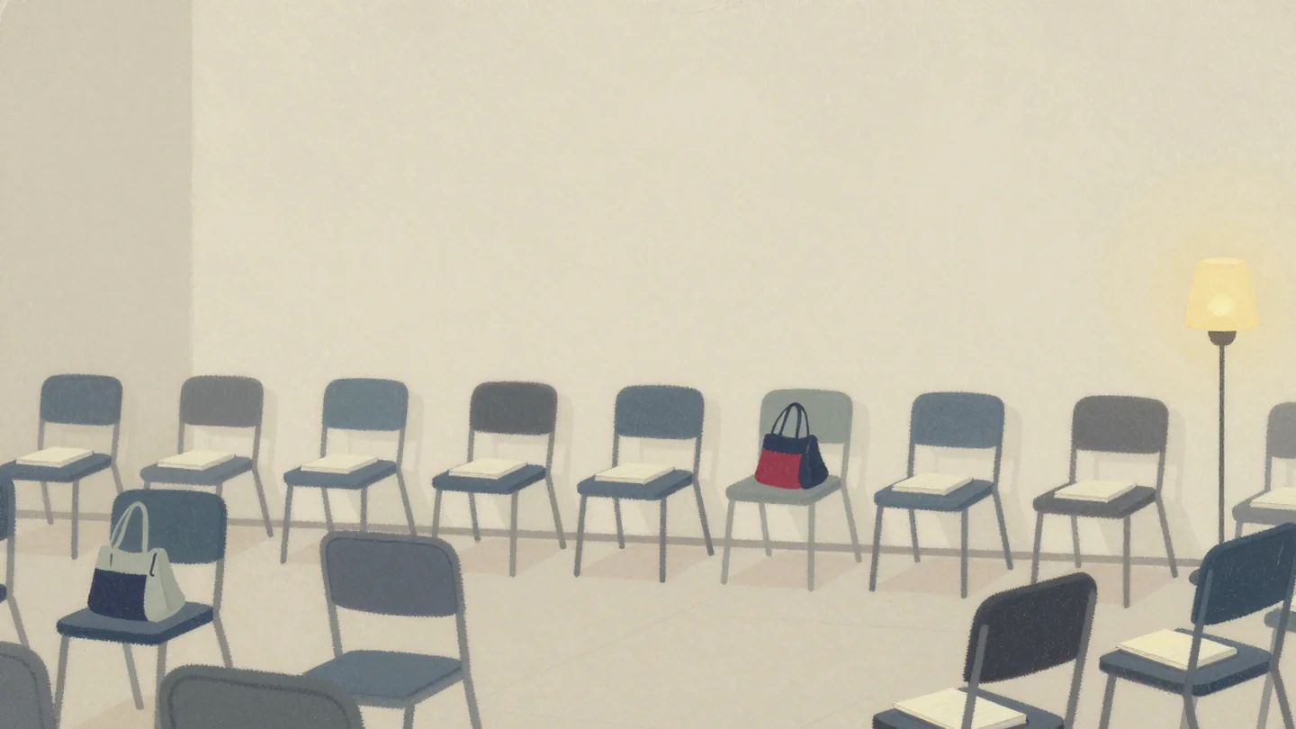 Gouache painting: a hall so full that spare chairs line the back wall, every chair holding a notebook and a cloth bag, one bag vermilion