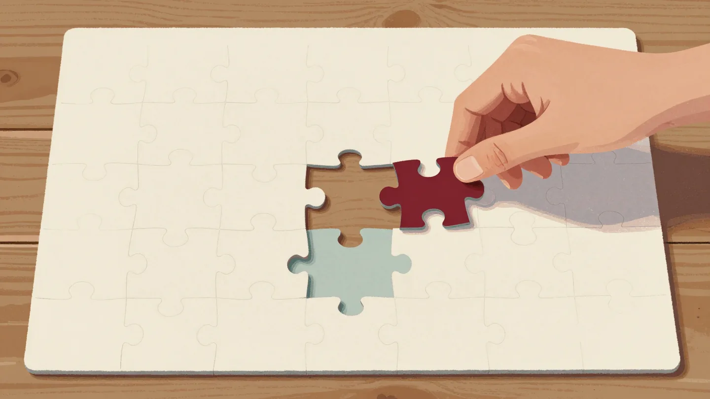 A nearly finished jigsaw puzzle with one gap, a hand holding a red piece that does not quite fit