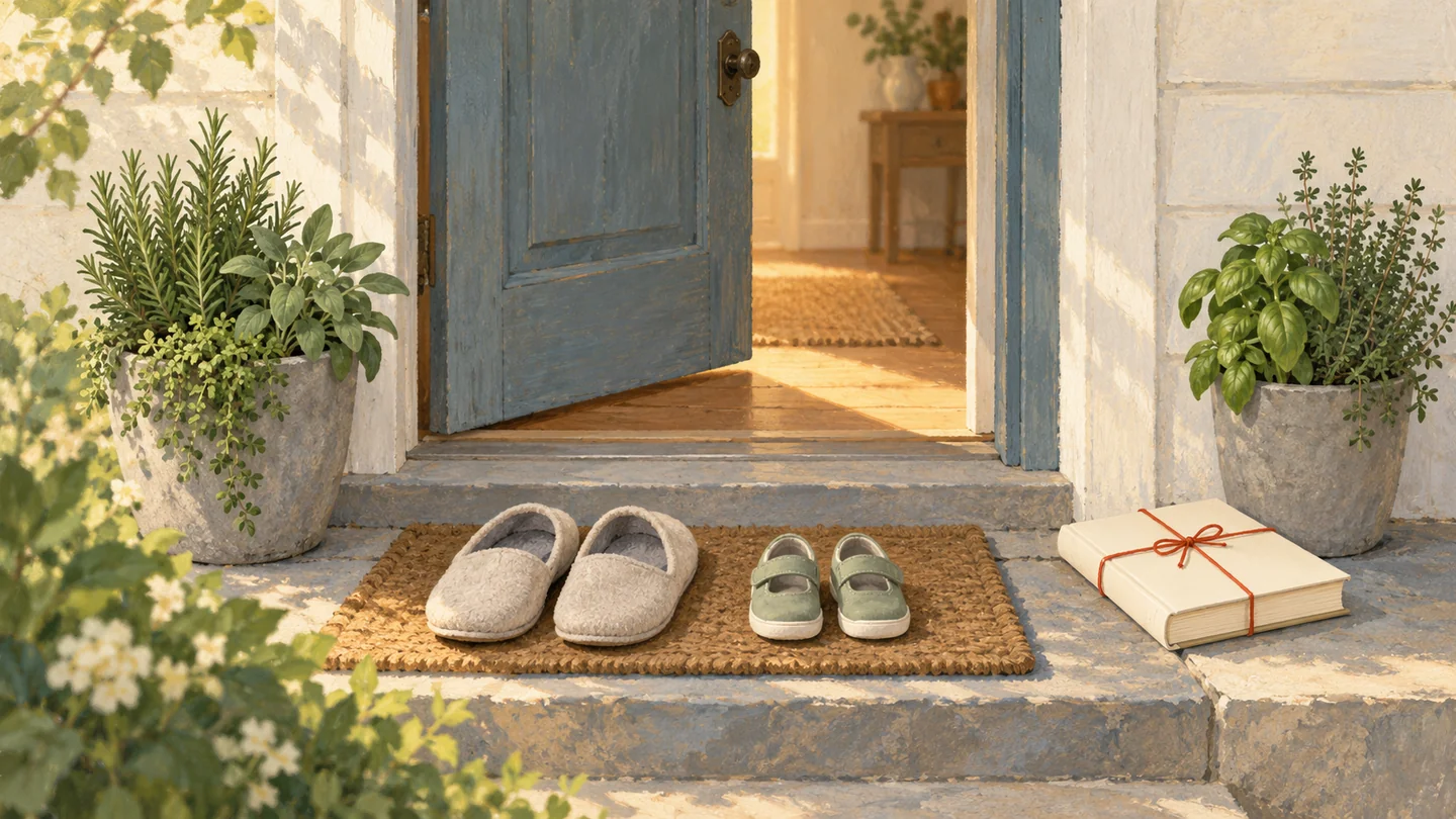 Gouache painting of a front porch with the door half open, house slippers beside small child's shoes, and a new book tied with vermilion string on the step