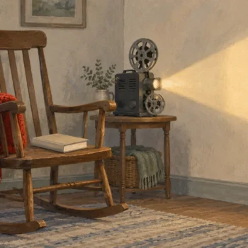 Gouache painting of a rocking chair with a vermilion shawl and a book on its seat, beside a small film projector casting warm light on a wall.