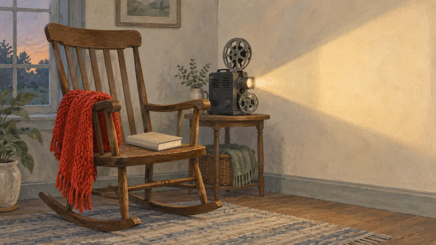 Gouache painting of a rocking chair with a vermilion shawl and a book on its seat, beside a small film projector casting warm light on a wall.