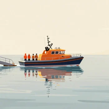 A lifeboat sliding down its slipway into a calm harbor during a practice launch, crew seen from behind.
