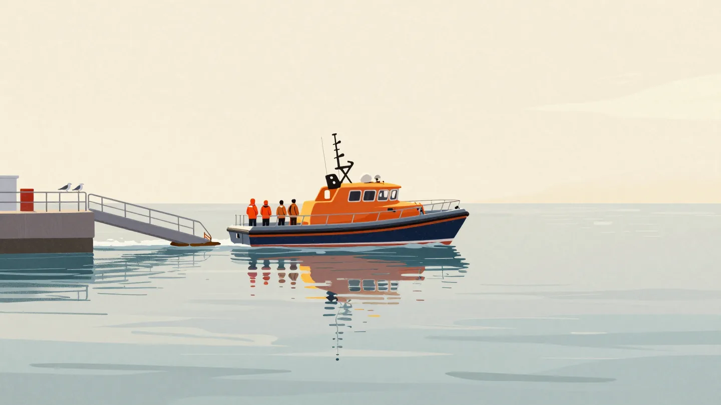 A lifeboat sliding down its slipway into a calm harbor during a practice launch, crew seen from behind.