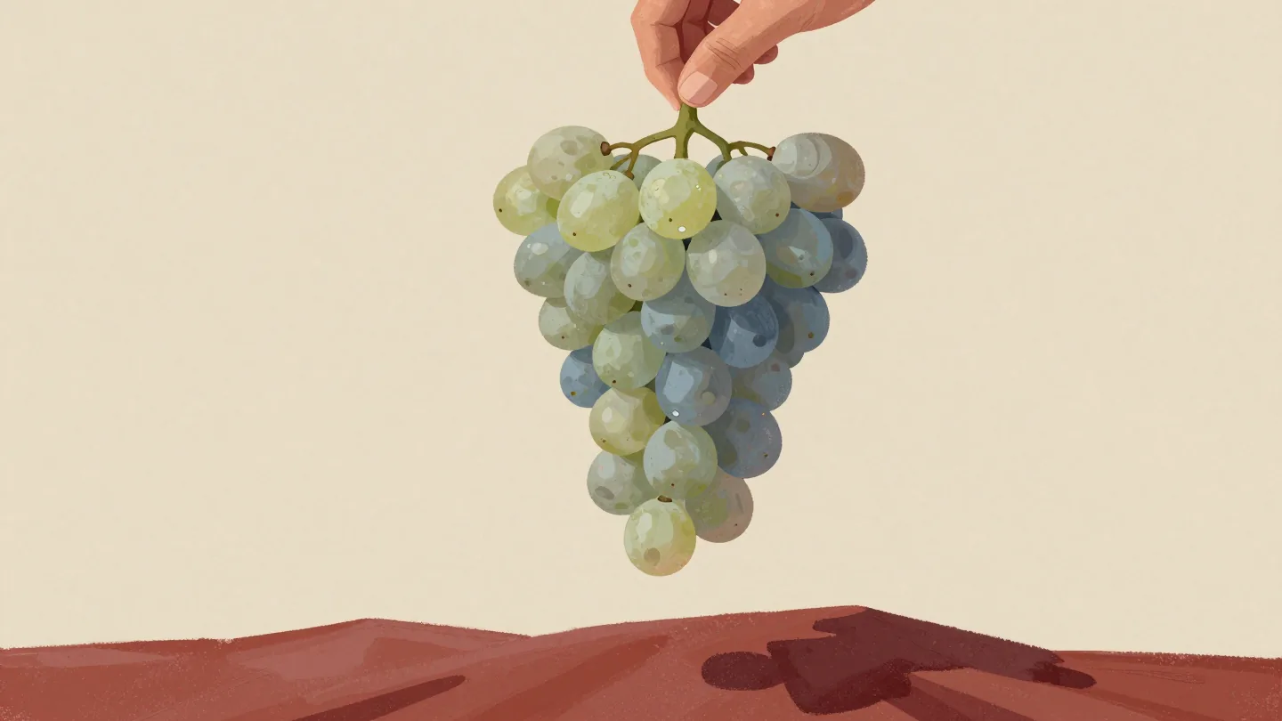 A hand lifting a bunch of grapes by its top stem, the branching stems hanging open above a red cloth