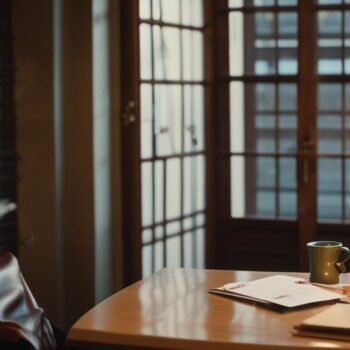 Office desk at night with the lamp still on, a mug and a jacket on the chair, someone is still logged in