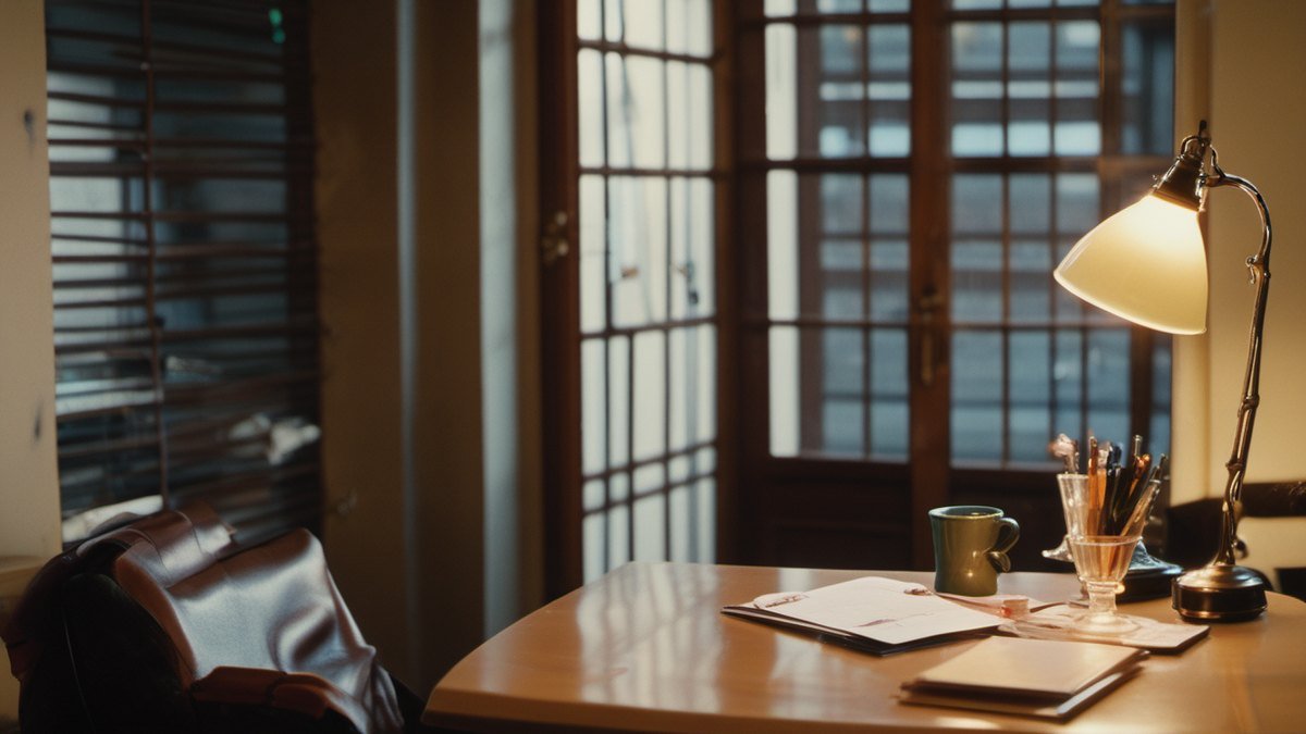 Office desk at night with the lamp still on, a mug and a jacket on the chair, someone is still logged in