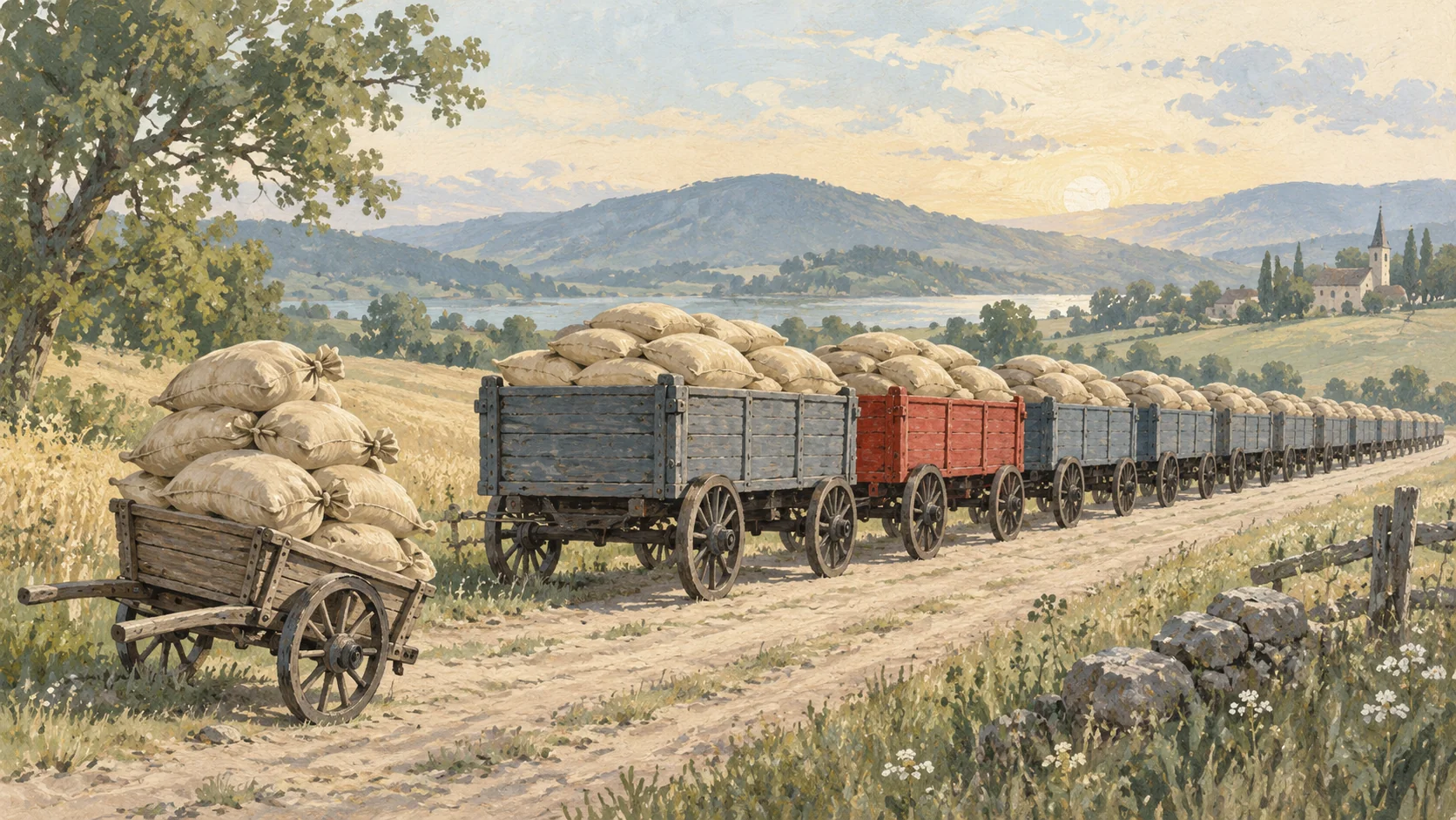 Gouache painting of a small wooden handcart piled with grain sacks beside a long line of identical grain wagons stretching down a country track, one wagon painted vermilion, in soft morning light.
