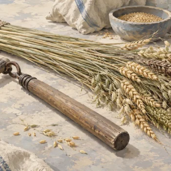 A grain flail beside aligned stalks with varied individual seed heads