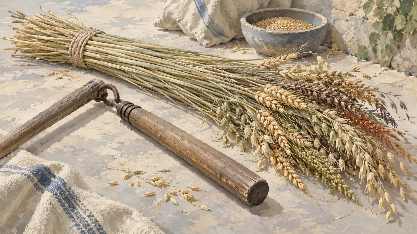 A grain flail beside aligned stalks with varied individual seed heads