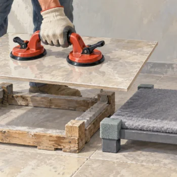 A tile suction lifter moves a ceramic tile between two padded supports