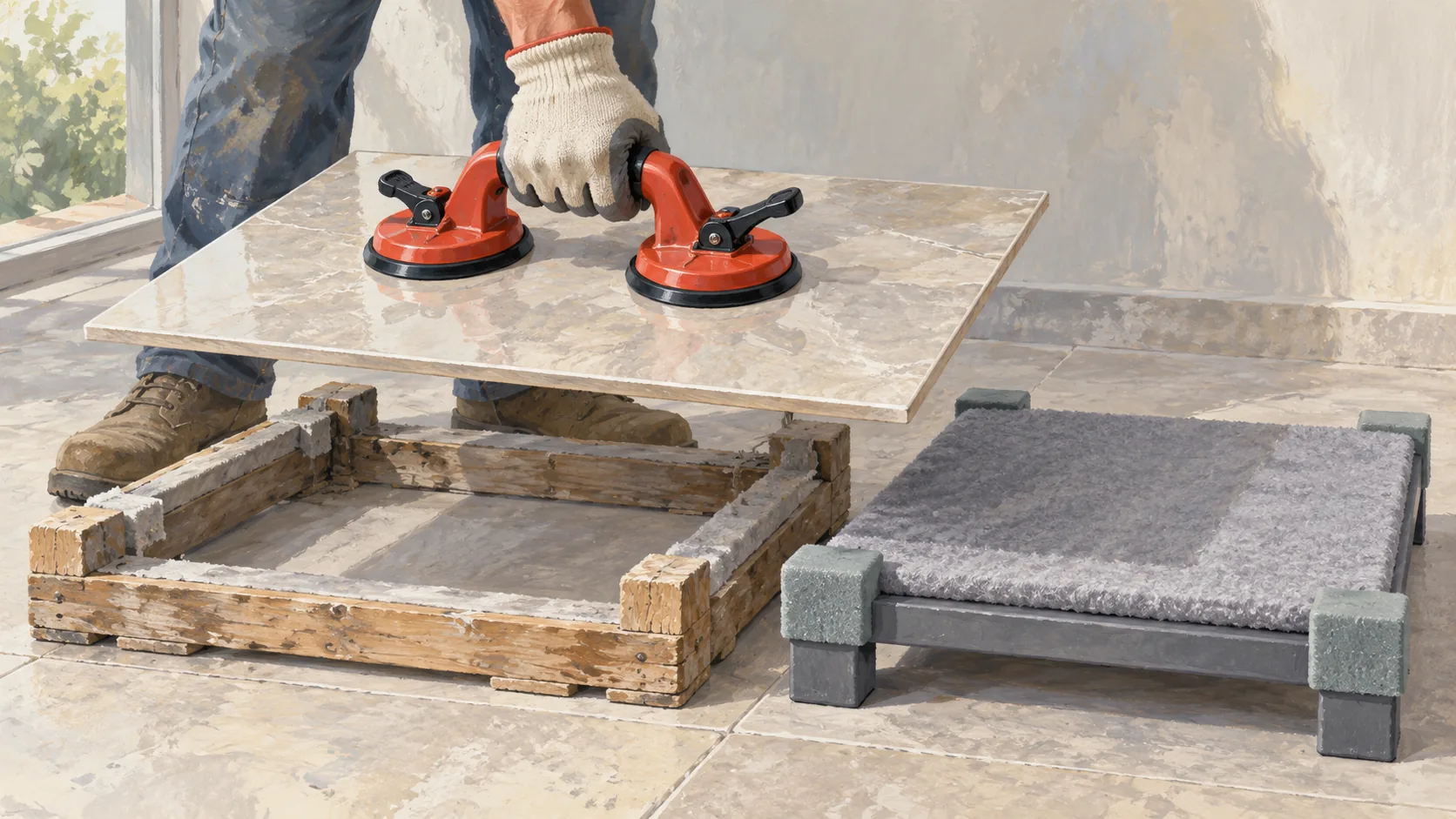 A tile suction lifter moves a ceramic tile between two padded supports