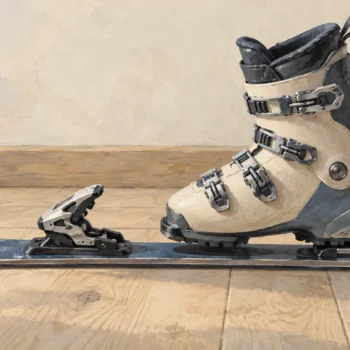 A ski boot remains attached to a ski by a closed heel binding beside the open toe release