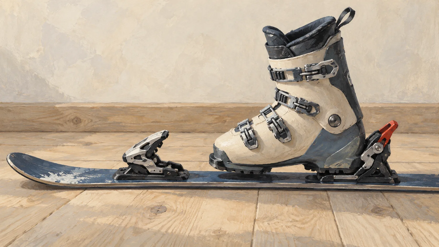 A ski boot remains attached to a ski by a closed heel binding beside the open toe release