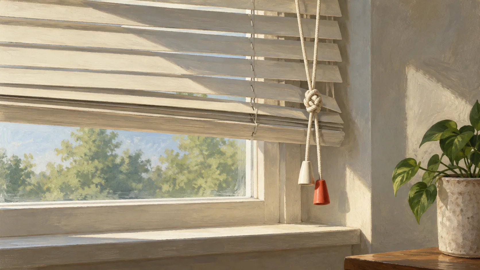 Crossed pull cords immobilize the slats of a single Venetian blind