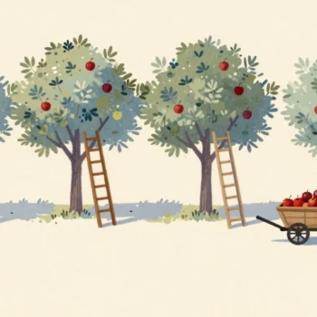 Four ladders against separate apple trees in an orchard row, a full basket under each and one cart waiting at the end.