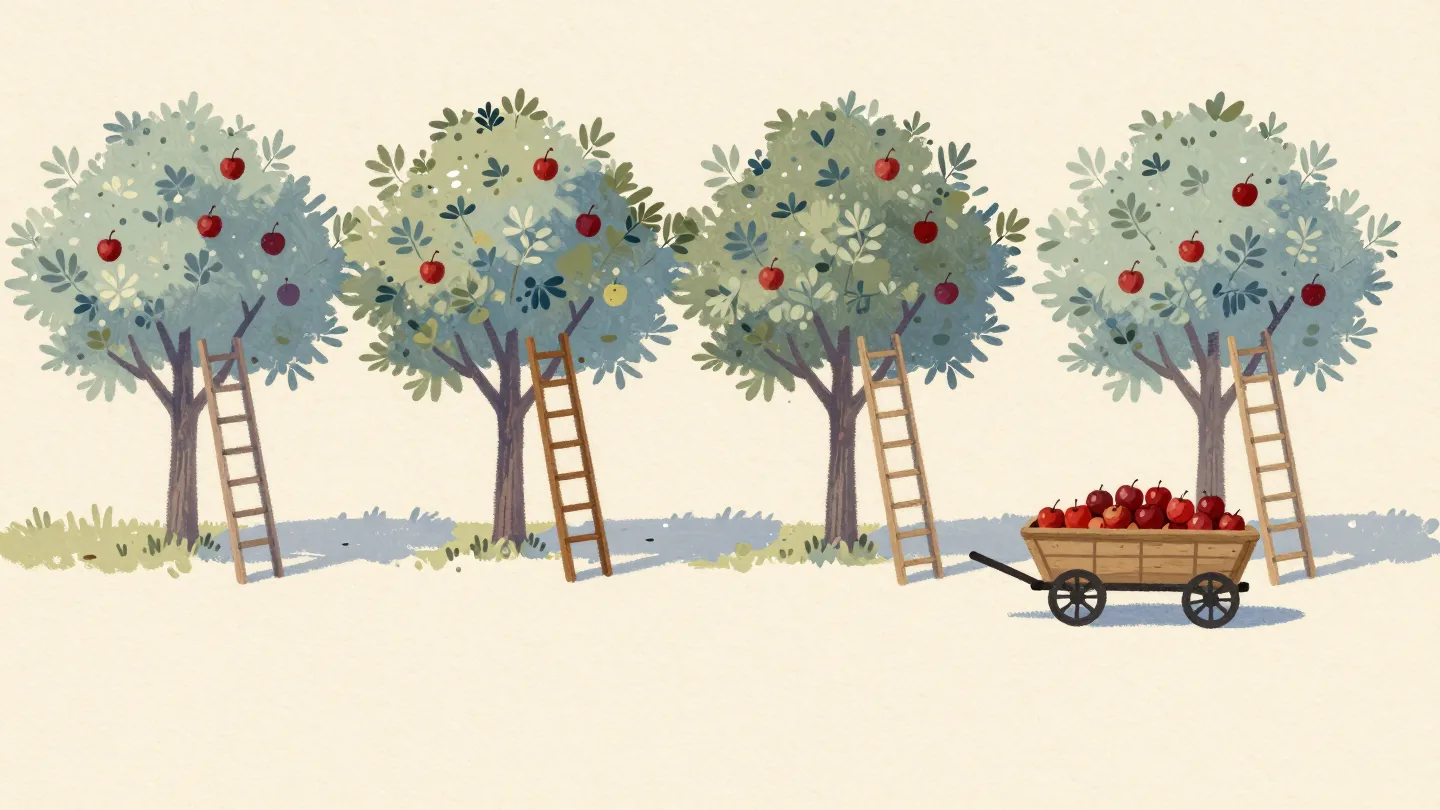 Four ladders against separate apple trees in an orchard row, a full basket under each and one cart waiting at the end.
