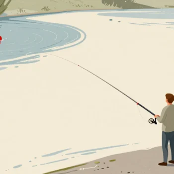 An angler casting two lines into two pools, one red float bobbing