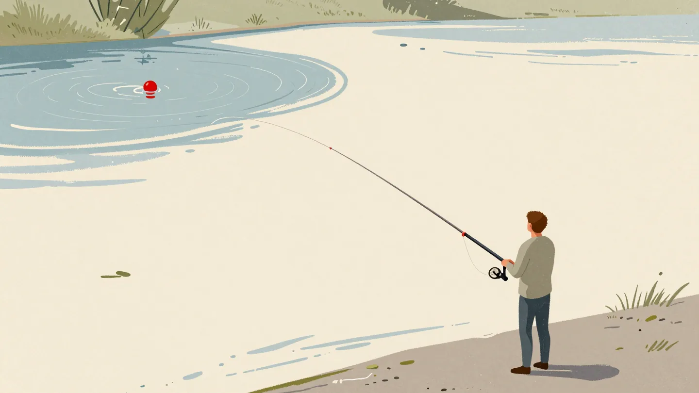 An angler casting two lines into two pools, one red float bobbing