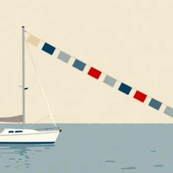 A sailboat in a calm harbor flying a long line of signal flags from its mast