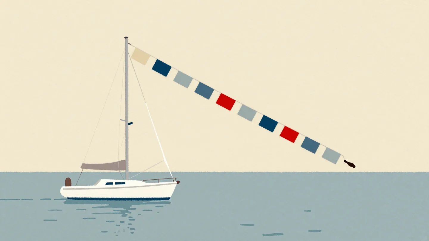 A sailboat in a calm harbor flying a long line of signal flags from its mast