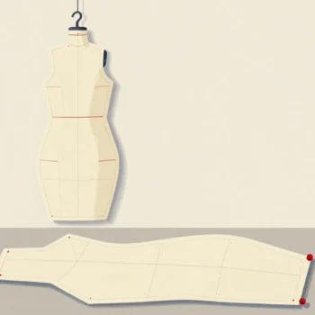 A saved dressmaking pattern on a hook, fabric and red pins ready on the table