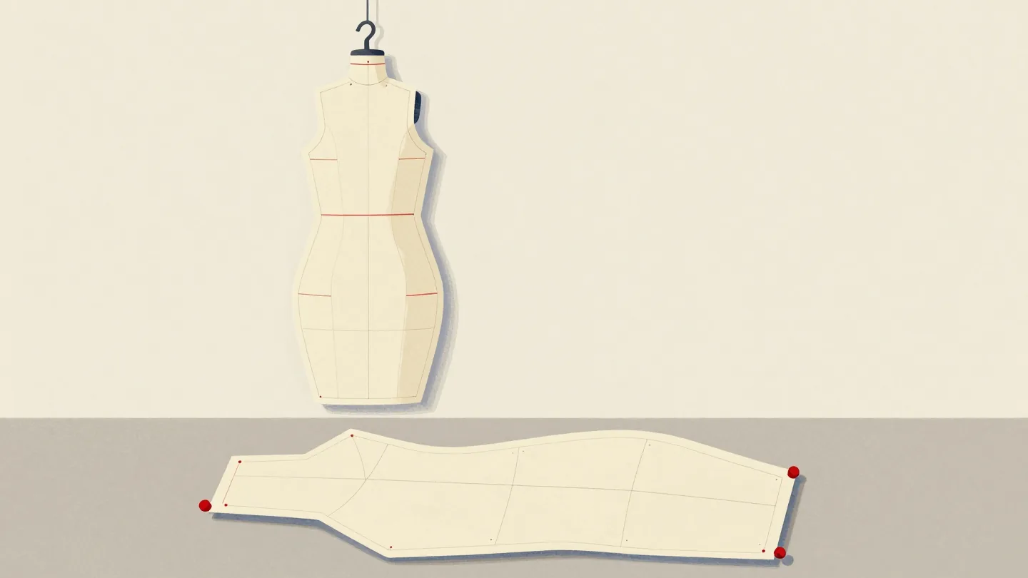 A saved dressmaking pattern on a hook, fabric and red pins ready on the table