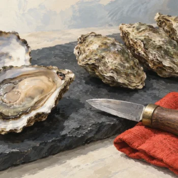 An oyster knife opens one shell beside a row of shells whose meat still needs separate access