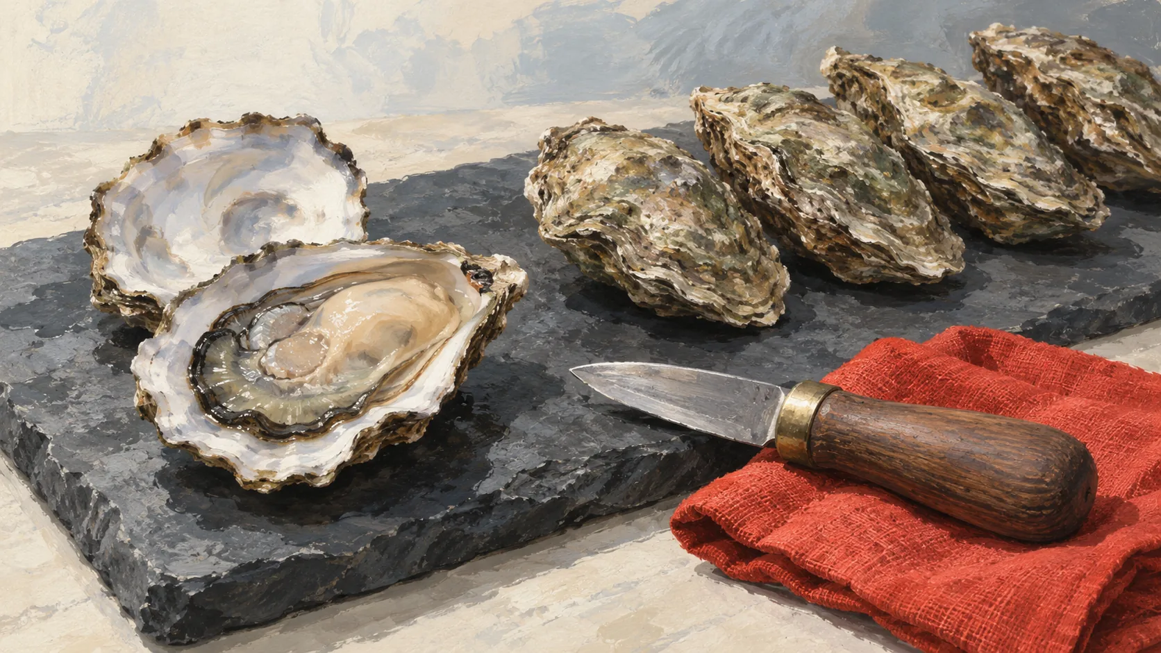 An oyster knife opens one shell beside a row of shells whose meat still needs separate access