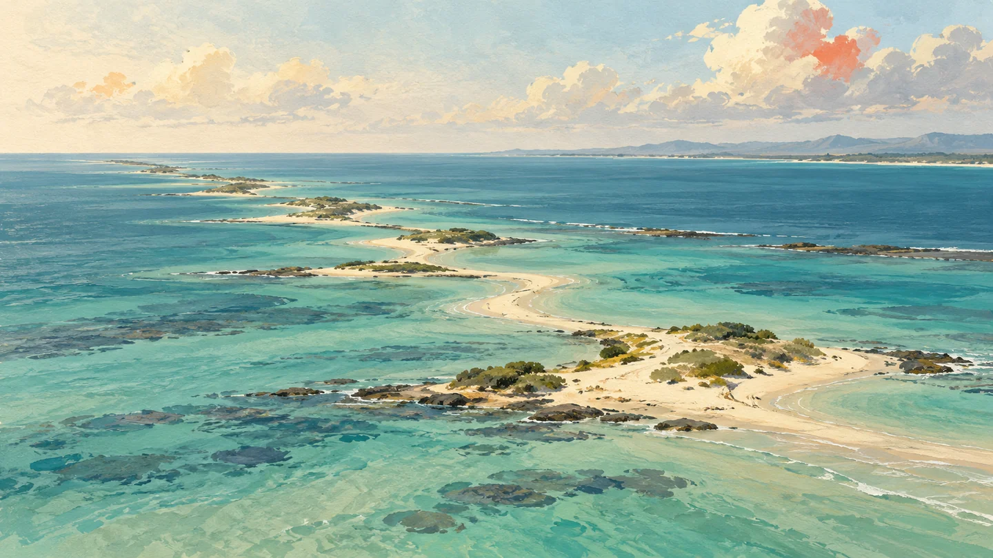 Gouache painting of sandy shoals in blue-green water, inspired by the waters between India and Sri Lanka.
