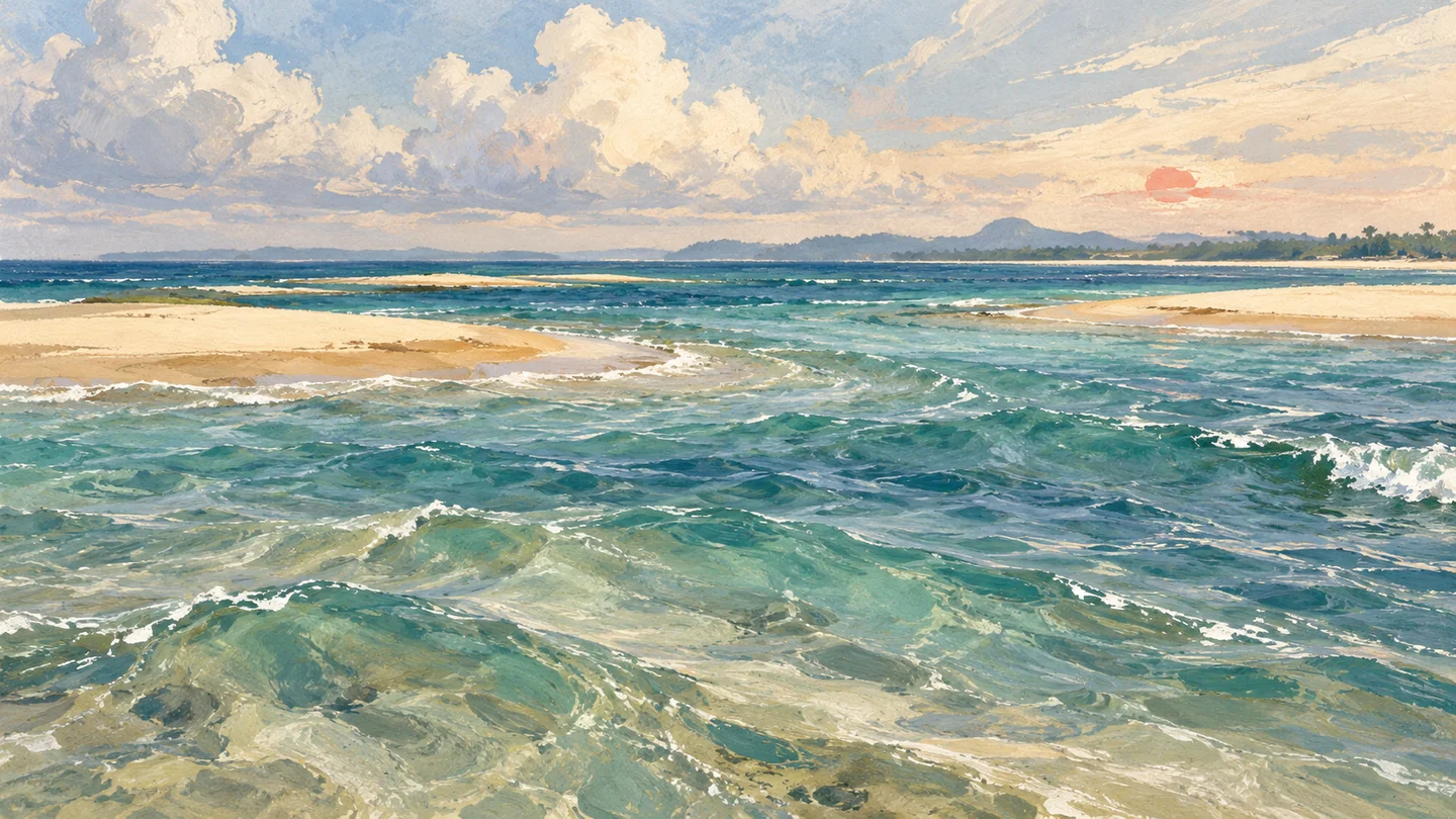 Gouache painting of shallow water around sandy shoals near a distant coast.
