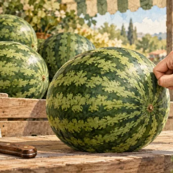 A hand taps a whole watermelon at a market stall, with an unused knife on the counter