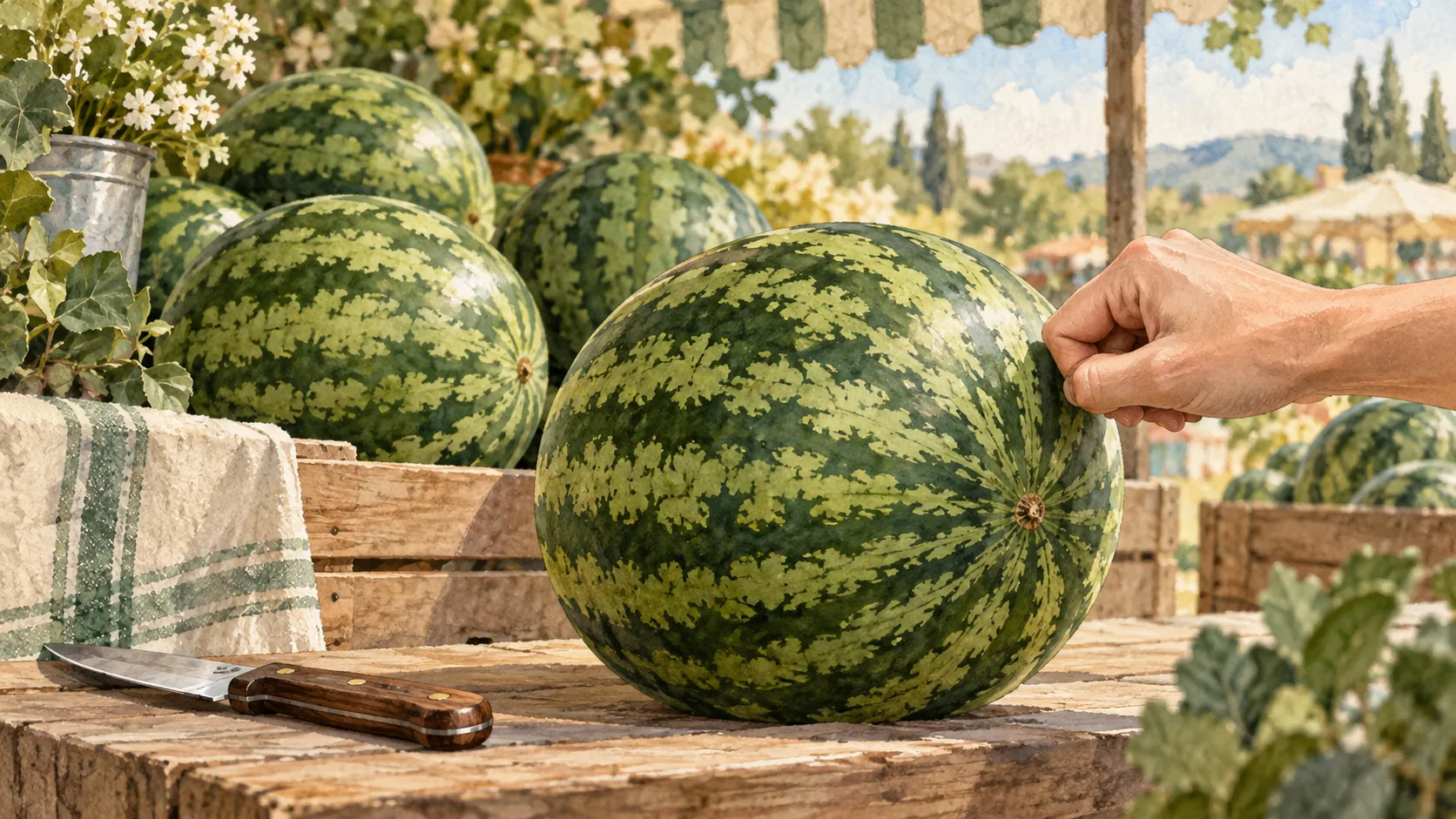 A hand taps a whole watermelon at a market stall, with an unused knife on the counter